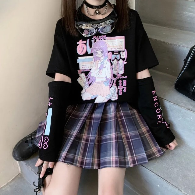 Streetwear japonês e menina anime tshirt roupas com capa de braço